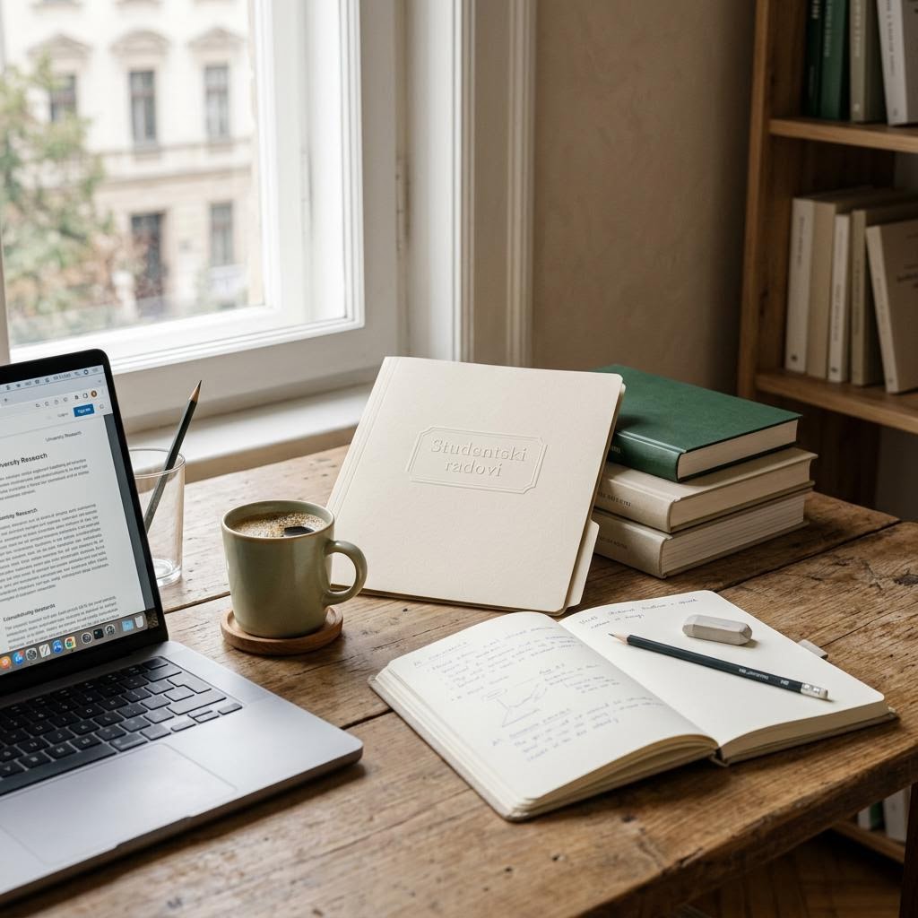 Knjige, laptop i beleške pripremljeni za akademski rad